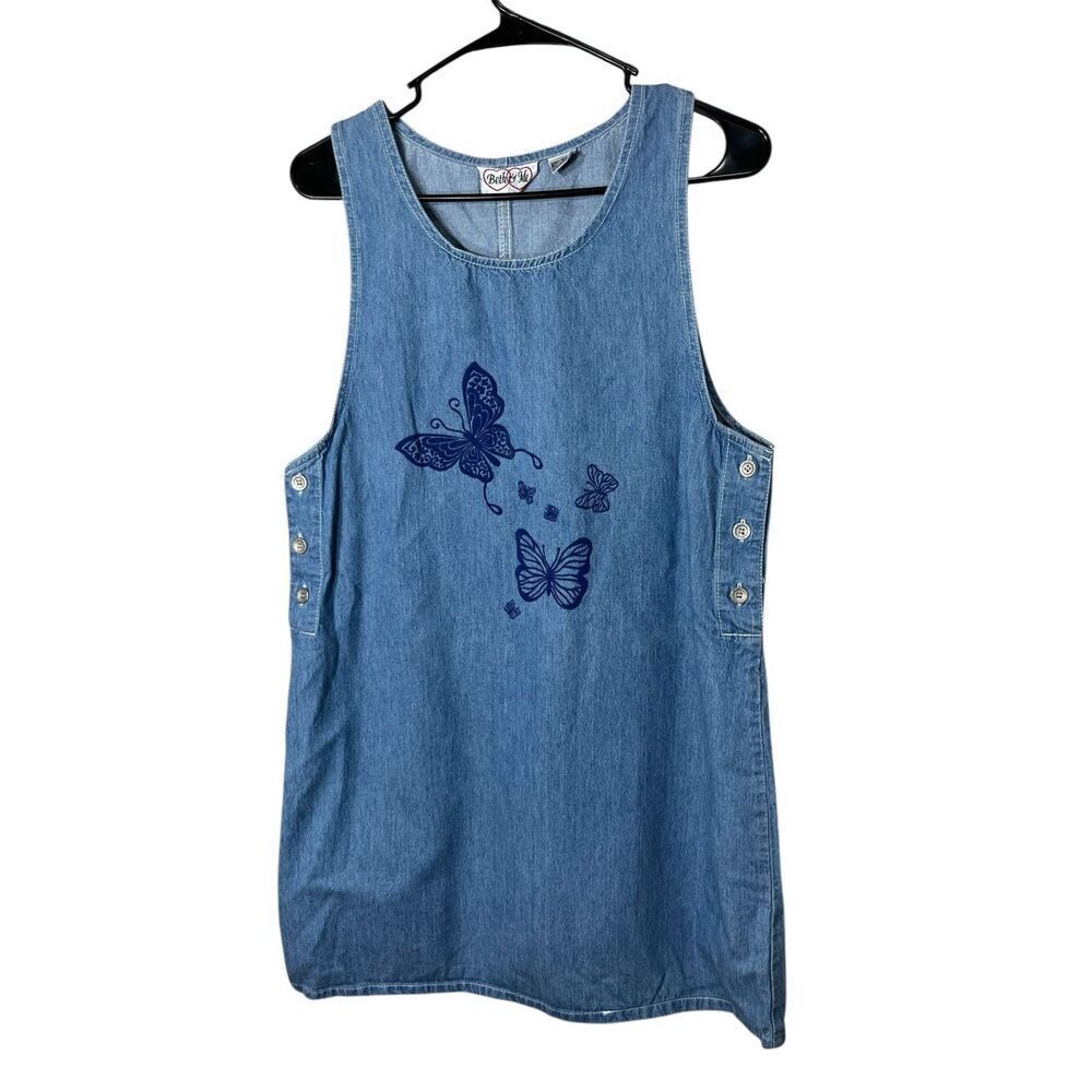 Vintage Beth & Me‎ Y2K Denim Butterfly Print Jumper Dress Size M